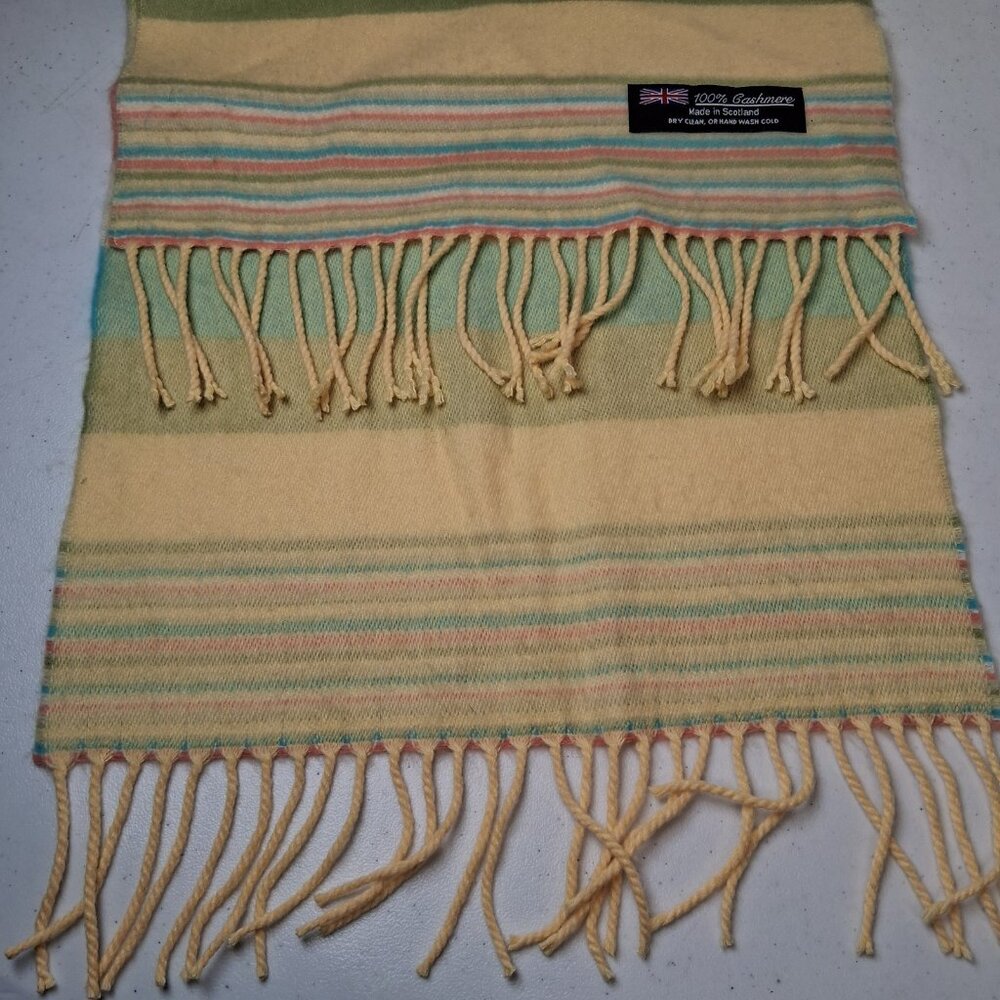 Cashmere Scarf Fringe Pastel Striped Yellow Salmon Blue Green Made in Scotland - Picture 3 of 8